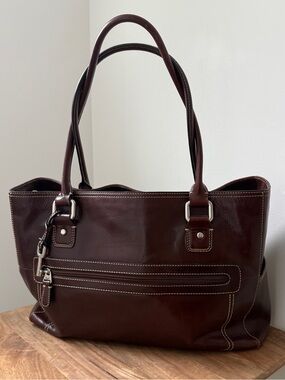 Fossil Vintage Brown Leather Multi-Pocket Shoulder Tote Bag Carryall Y2K